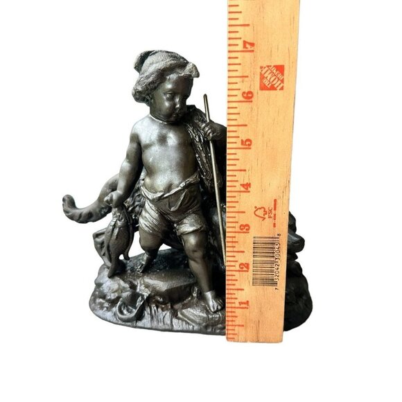 VTG French Style Cast Bronze Sculpture 6.75" Young Boy Fish Spear‎ Cast Net Dog - Picture 10 of 11